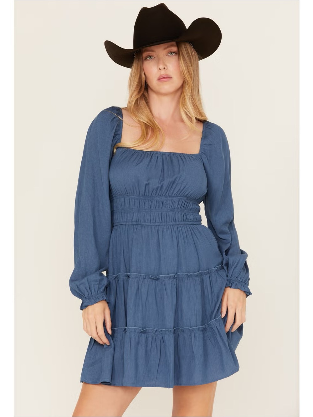Altar’d State Blue Long-Sleeve Tiered Mini Dress